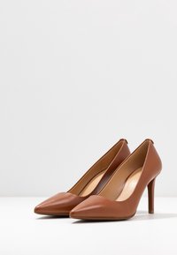 Chaussures à talons hauts en cuir marron avec un design à bout pointu, une texture lisse et un talon aiguille fin, présentant une finition subtilement brillante.