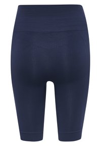 Mörkblå, högmidjade cykelshorts med en slät textur och figurnära design, med ett subtilt chevronmönster vid midjan.