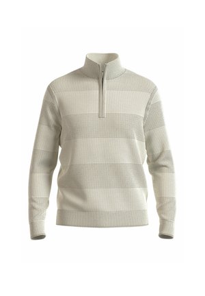 Hellgrauer Viertelzip-Pullover mit strukturiertem, kariertem Strickmuster. Verfügt über lange Ärmel und einen stabilen Kragen.