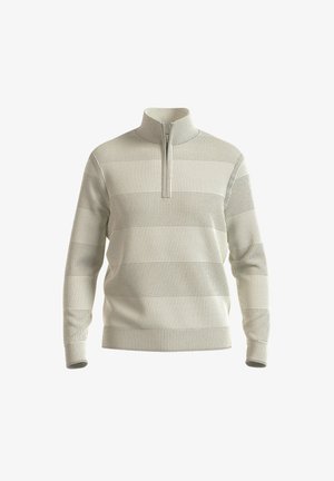 Hellgrauer Viertelzip-Pullover mit strukturiertem, kariertem Strickmuster. Verfügt über lange Ärmel und einen stabilen Kragen.