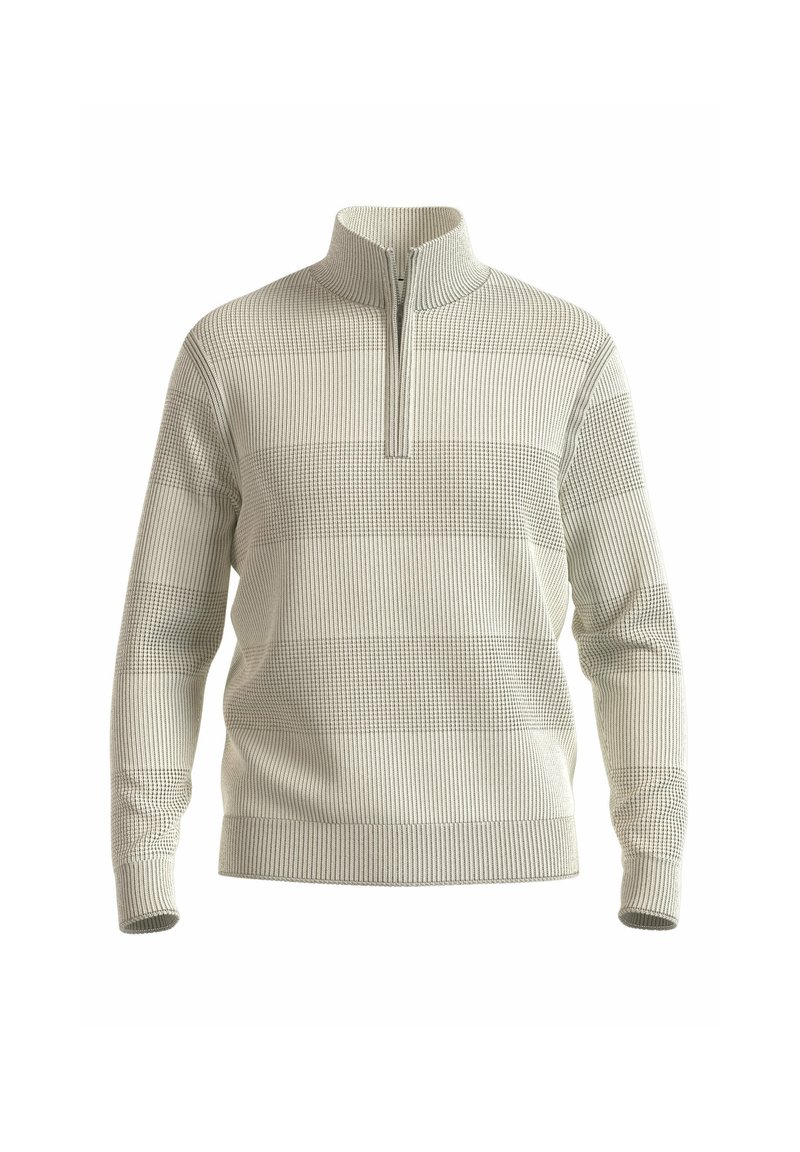 Hellgrauer Viertelzip-Pullover mit strukturiertem, kariertem Strickmuster. Verfügt über lange Ärmel und einen stabilen Kragen.