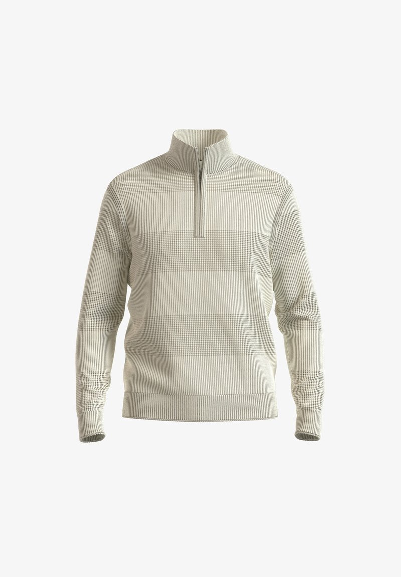 Hellgrauer Viertelzip-Pullover mit strukturiertem, kariertem Strickmuster. Verfügt über lange Ärmel und einen stabilen Kragen.