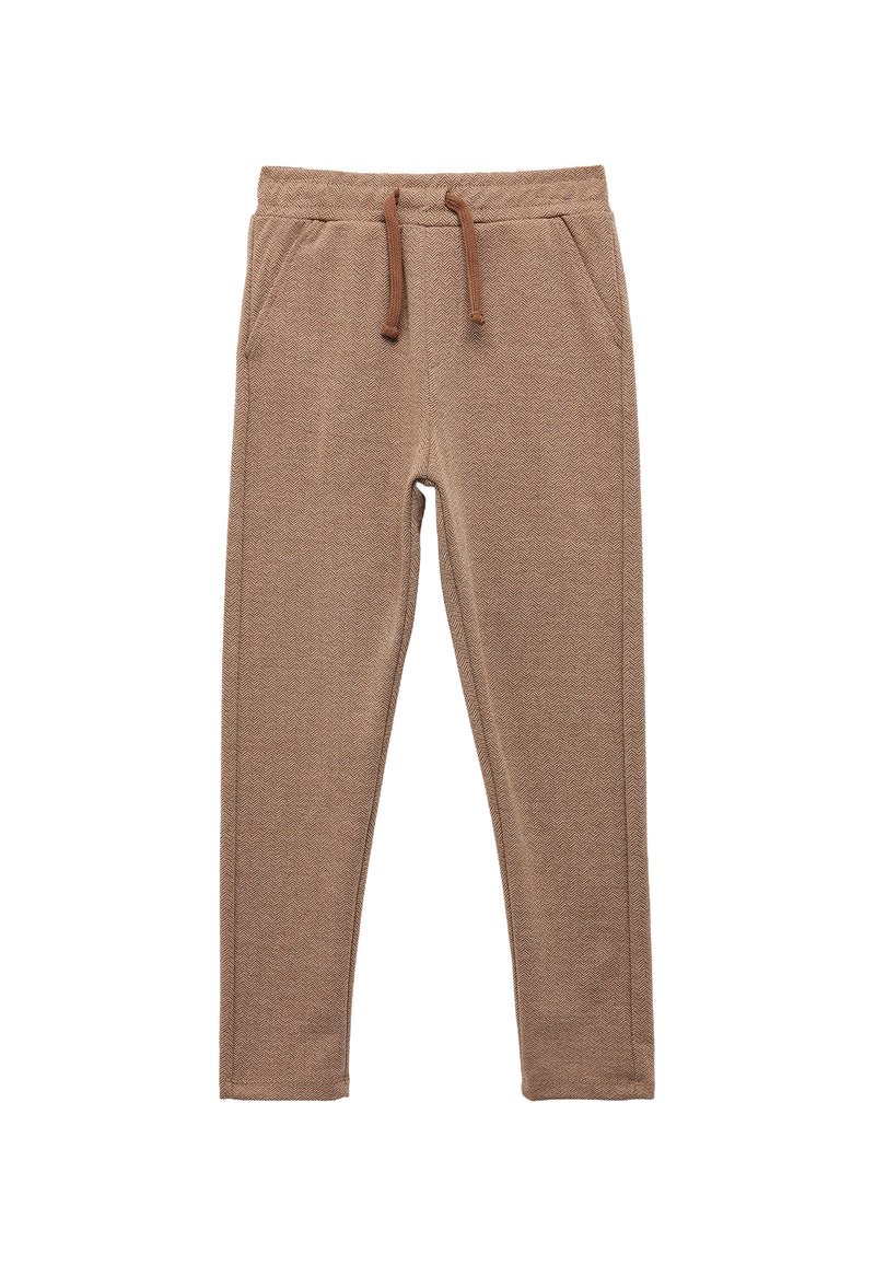 Brune, strukturerede sweatpants med et fiskebensmønster, elastisk talje og justerbar snor. Har sidelommer.