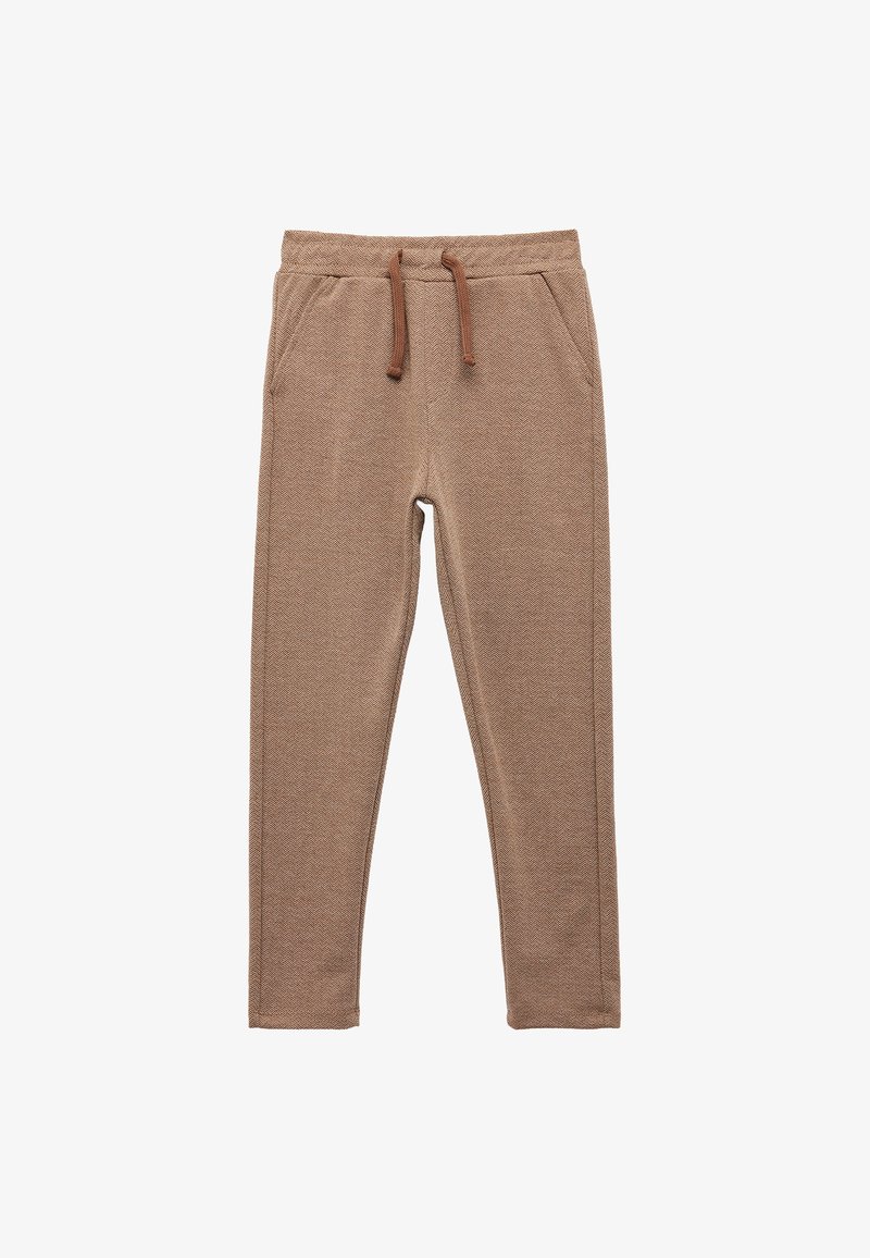 Brązowe, strukturalne dresy o wzorze w jodełkę, z elastycznym pasem w talii i regulowanym sznureczkiem. Posiada boczne kieszenie.