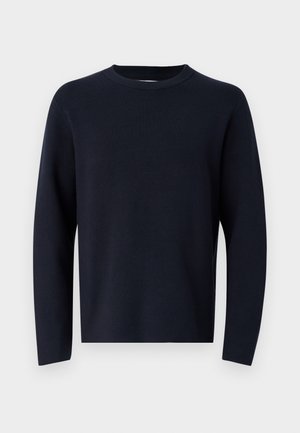 Navy blue sweater, crew neck, long sleeves, made of soft fabric with a smooth texture. Simple design, no visible patterns or hardware.