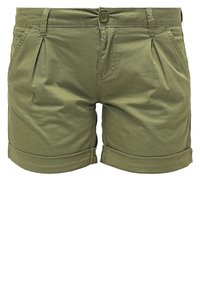 Shorts en coton vert olive avec ourlets retroussés, fermeture à boutons sur le devant, braguette zippée, passants pour ceinture et poches latérales plissées.