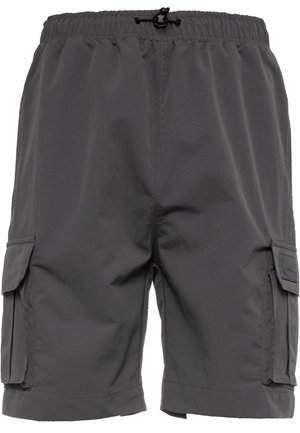 Szürke cargo rövidnadrág, elasztikus derékrésszel, húzózsinórral és oldalsó zsebekkel. Könnyű, struktúrált anyagból készült, sima felülettel.