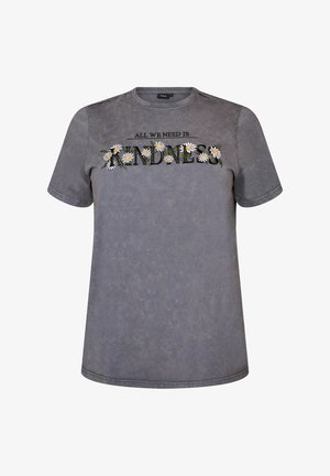 Gray short-sleeve T-shirt with "ALL WE NEED IS KINDNESS" text, decorated with white daisies intertwined with the word KINDNESS.