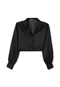 Blusa nera corta con colletto, maniche lunghe a palloncino e pois bianchi. Realizzata in un tessuto liscio e lucido con chiusura a bottoni.