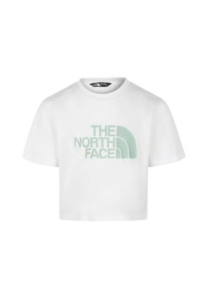 T-shirt bianca corta a maniche corte con scollo rotondo e logo "The North Face" verde chiaro al centro davanti.