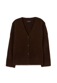 Brauner Wollcardigan mit V-Ausschnitt, fünf Knöpfen vorne und geripptem Saum sowie Bündchen. Weiche Textur, legere Optik und übergroße Passform.