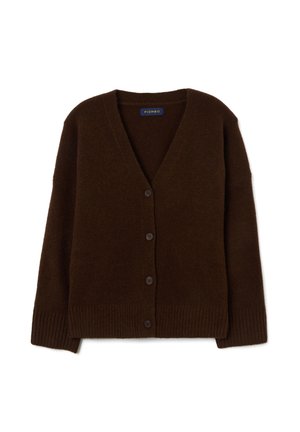 Bruine wollen cardigan met een V-hals, vijf knopen aan de voorkant, en geribbelde zoom en manchetten. Zachte textuur, casual ontwerp en oversized pasvorm.