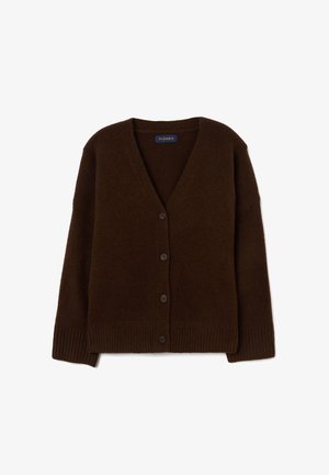 Cardigan marrone in lana con scollo a V, cinque bottoni frontali e orlo e polsini a coste. Texture morbida, design casual e vestibilità oversize.