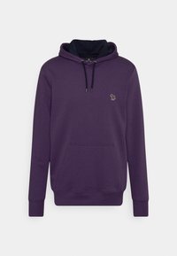 Felpa viola con cappuccio foderato di nero, tasca a marsupio frontale, cordini e un piccolo logo di un cavallo ricamato multicolore sul petto.