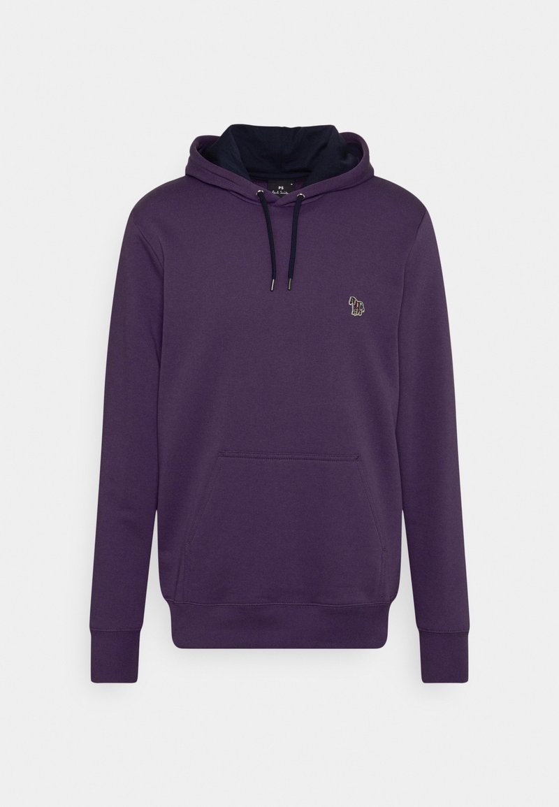 Felpa viola con cappuccio foderato di nero, tasca a marsupio frontale, cordini e un piccolo logo di un cavallo ricamato multicolore sul petto.