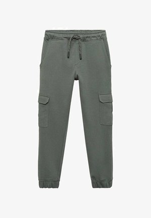 Mørkegrønne joggere lavet af blødt stof. Har elastisk talje, snøre lukning og to sidelommer med en cargo-lomme på låret.