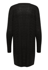 Schwarzer gestrickter Pullover mit lockerer Passform, langen Ärmeln und strukturiertem Muster. Das Design verfügt über einen weiten Ausschnitt und einen geraden Saum.