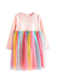 Rosafärgad klänning med långa ärmar, prydd med ett prickigt mönster och en lager av tyllkjol i blått, rosa, gult och lila. Mjuk textur, avslappnad design.