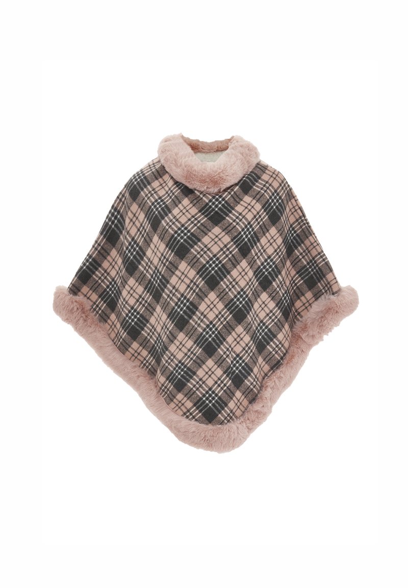 Poncho în carouri, roz și negru, cu un guler și margine din blană sintetică moale. Material confortabil, cu o formă lejeră, potrivit pentru a fi purtat în straturi.
