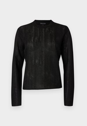 Black long-sleeve shirt with a textured striped design. Round neckline and a straight fit, made from a lightweight, slightly sheer fabric.