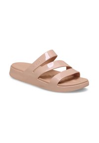 Pale pink slide sandal with three wide straps, glossy finish, and a thick sole. Made of synthetic material with a rounded toe.