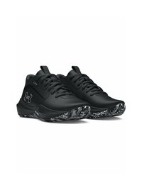 Chaussures de sport noires avec un dessus synthétique lisse, des lacets noirs texturés et une semelle à motifs noir et blanc multi-texturés.