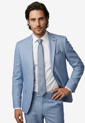 Man draagt een lichtblauw pak, wit overhemd en bijpassende blauwe stropdas, staat met één hand op zijn heup tegen een effen achtergrond.