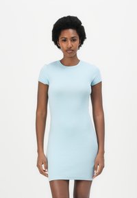 Light blue short-sleeve fitted dress made from stretchy cotton fabric, featuring a round neckline and subtle logo detail on the chest.