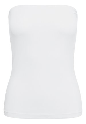 Camiseta sin tirantes blanca, ajustada, con escote recto y dobladillo ligeramente acampanado, presentada sobre un fondo liso.