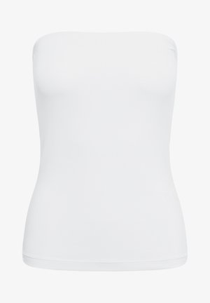 Biały, dopasowany top na ramiączkach bez ramiączek, z prostym dekoltem i lekko rozkloszowanym dołem, prezentowany na jednolitym tle.