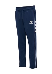 Marineblå sweatpants i mjukt tyg, med dragsko i midjan, vita ränder på sidorna och en logotyp på framsidan.
