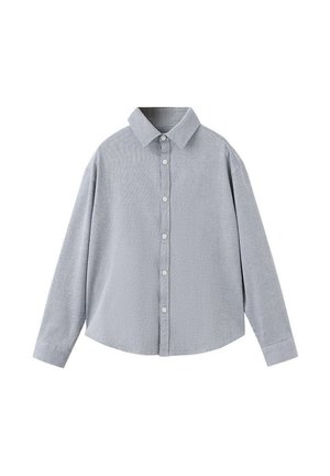 Langärmliges, knöpfbares Hemd mit kleinem kariertem Muster in Grau und Weiß, mit spitzem Kragen und Manschetten.