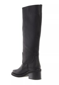 Black leather knee-high boots with a slight heel, featuring curved seam detailing and a smooth, glossy texture.