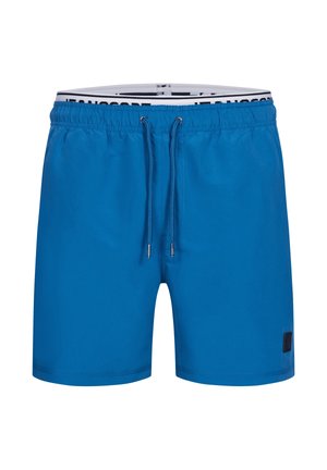 Kék fürdőnadrág elasztikus derékpánttal, állítható zsinórral és márkás béléssel, fehér háttéren elölről bemutatva.