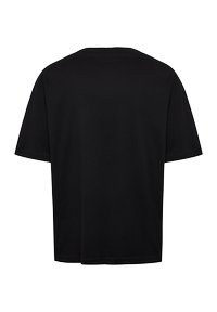 Plain sort T-shirt med korte ærmer og rund hals, vist bagfra på en hvid baggrund.
