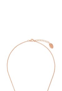 Collana in oro rosa con una catena delicata, dotata di chiusura a moschettone e lunghezza regolabile con un piccolo cartellino ovale.