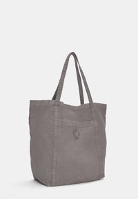 Borsa tote in tela grigia con due manici robusti, dotata di un logo cucito e di un design semplice e senza fronzoli, adatta per l'uso quotidiano.