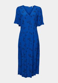 Robe florale bleue en tissu doux, dotée d'un décolleté en V, de manches volantées et d'un design mi-long avec des motifs floraux noirs.