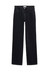 Črne jeans hlače s ravnim krojem, s sprednjimi in zadnjimi žepi, gumbom za zapiranje in subtilnim teksturiranim vzorcem.
