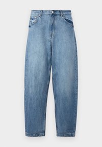 Jasnoniebieskie jeansy z denimu o luźnym kroju, wyposażone w zapięcie na guzik i zamek błyskawiczny, pięć kieszeni oraz subtelne przetarcia na całej powierzchni.