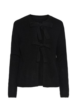 Sort strikket cardigan med rund halsudskæring, prydet med to frontsnøringer og et struktureret mønster. Lange ærmer og cropped længde.