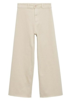 Pantalons larges beiges en tissu mélangé coton, avec une fermeture à bouton, taille haute et coutures nettes.