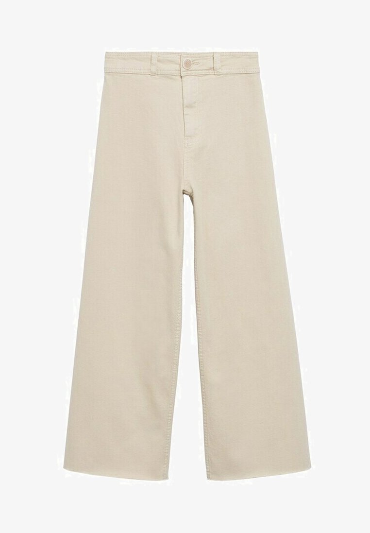 Pantalons larges beiges en tissu mélangé coton, avec une fermeture à bouton, taille haute et coutures nettes.