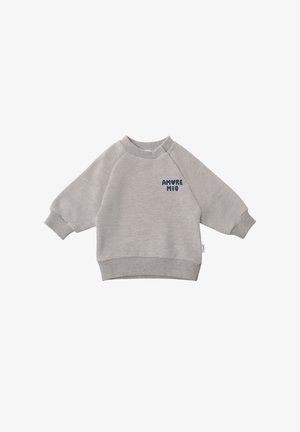 Grauer Sweatshirt aus weichem Stoff, mit Raglanärmeln, gerippten Bündchen und einem blauen "AMORE MIO"-Grafik auf der Vorderseite.