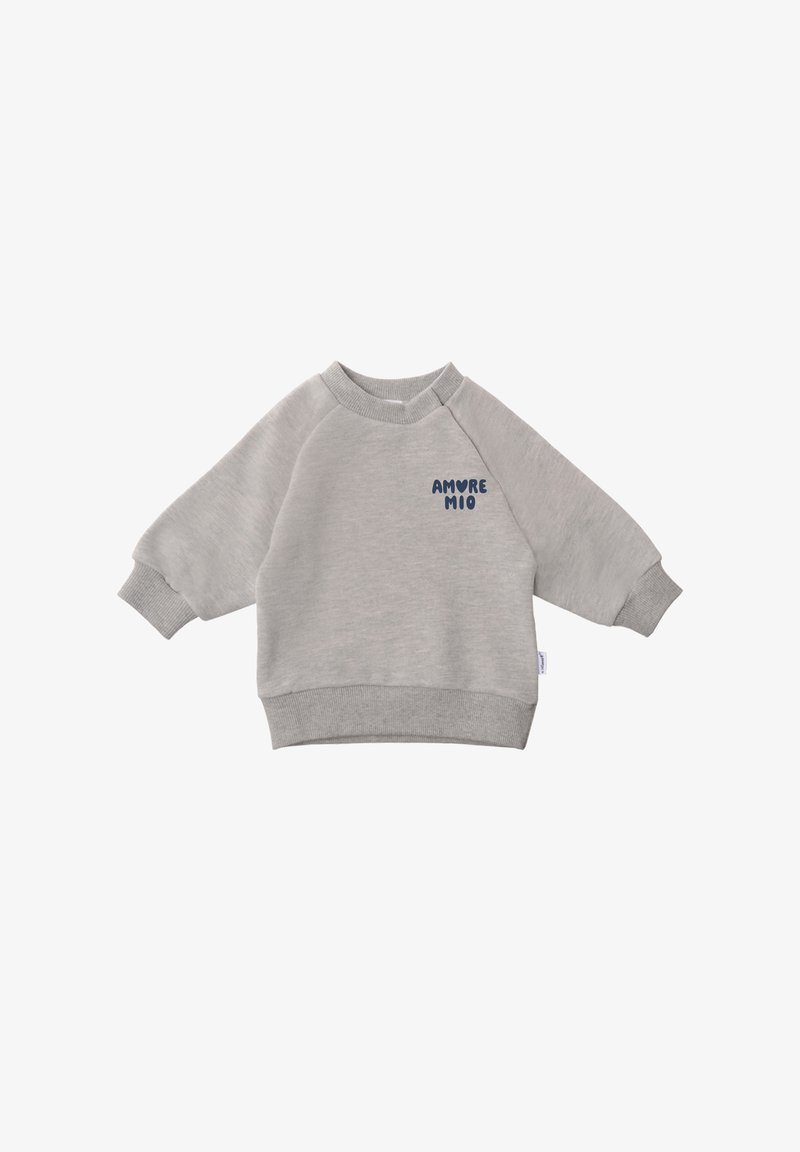 Gray sweatshirt made of soft fabric, featuring raglan sleeves, ribbed cuffs, and a blue "AMORE MIO" graphic on the front.