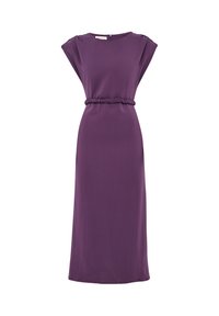 Abito midi viola con scollatura rotonda, maniche corte e vita elasticizzata. Realizzato in un tessuto morbido con una vestibilità rilassata e senza pattern.