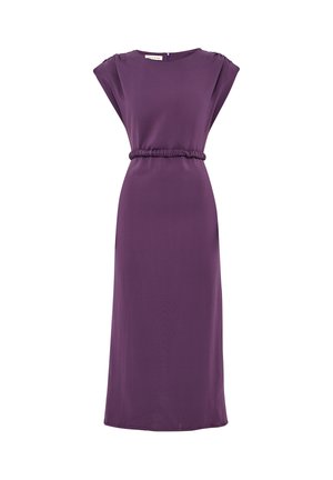 Abito midi viola con scollatura rotonda, maniche corte e vita elasticizzata. Realizzato in un tessuto morbido con una vestibilità rilassata e senza pattern.