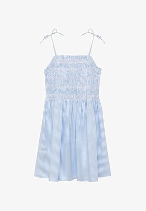 Hellblau-weiß vertikal gestreiftes ärmelloses Kleid mit gerafftem Oberteil und dünnen, in Schleifen gebundenen Schulterriemen.