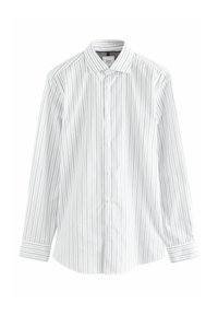 White button-up shirt with vertical navy stripes, long sleeves, classic collar, single chest pocket, and a smooth cotton-like texture.