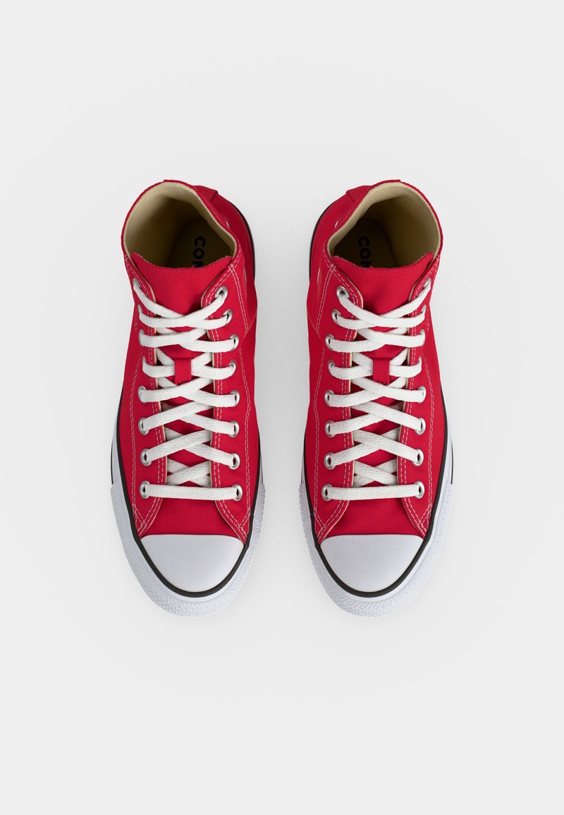 Coppia di sneakers alte rosse con lacci bianchi e punte in gomma bianca vista dall'alto su uno sfondo semplice.